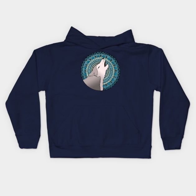 Wolf Howling Moon Mandala Kids Hoodie by julieerindesigns